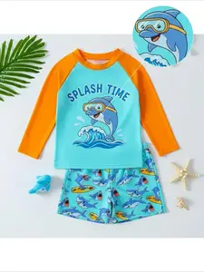 2-piece boys' swimwear set featuring long-sleeved top and shorts, with a cool shark print; summer swimwear for boys; beach leisure set; soft and comfortable fit; machine washable; surf-style swimwear; summer gift for boys; Swim Sets