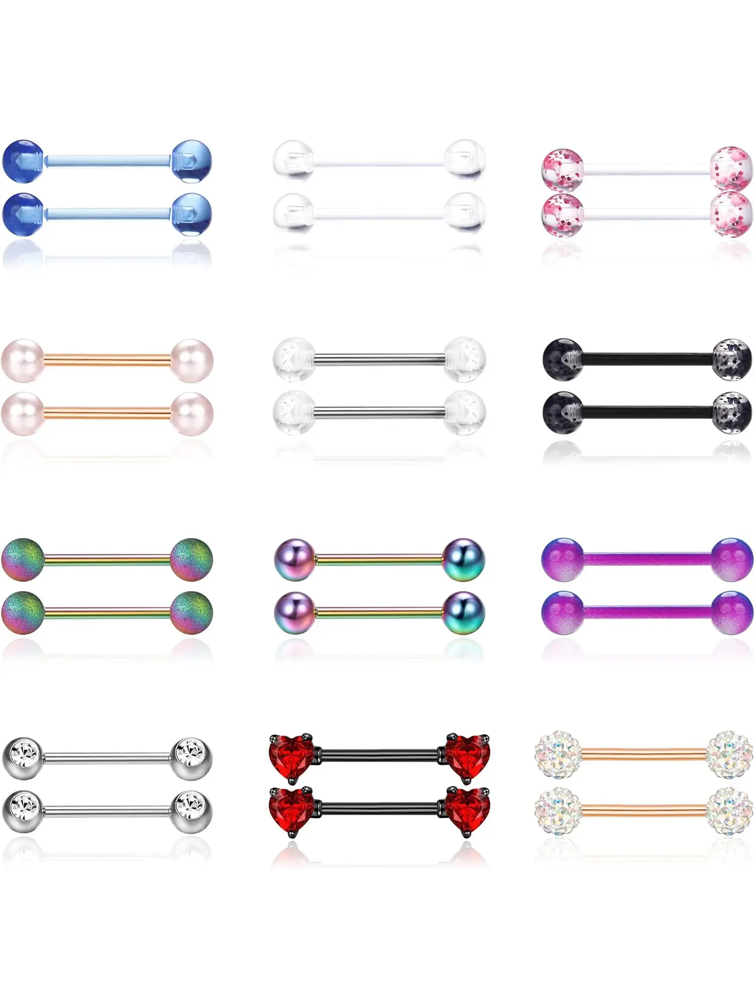 24Pcs 14G Tongue Nipple Septum Piercing Rings Stainless Steel Straight Barbell Rings Flexible Retainer for Women Men Body Piercing Jewelry Body Piercings Set 12-18mm