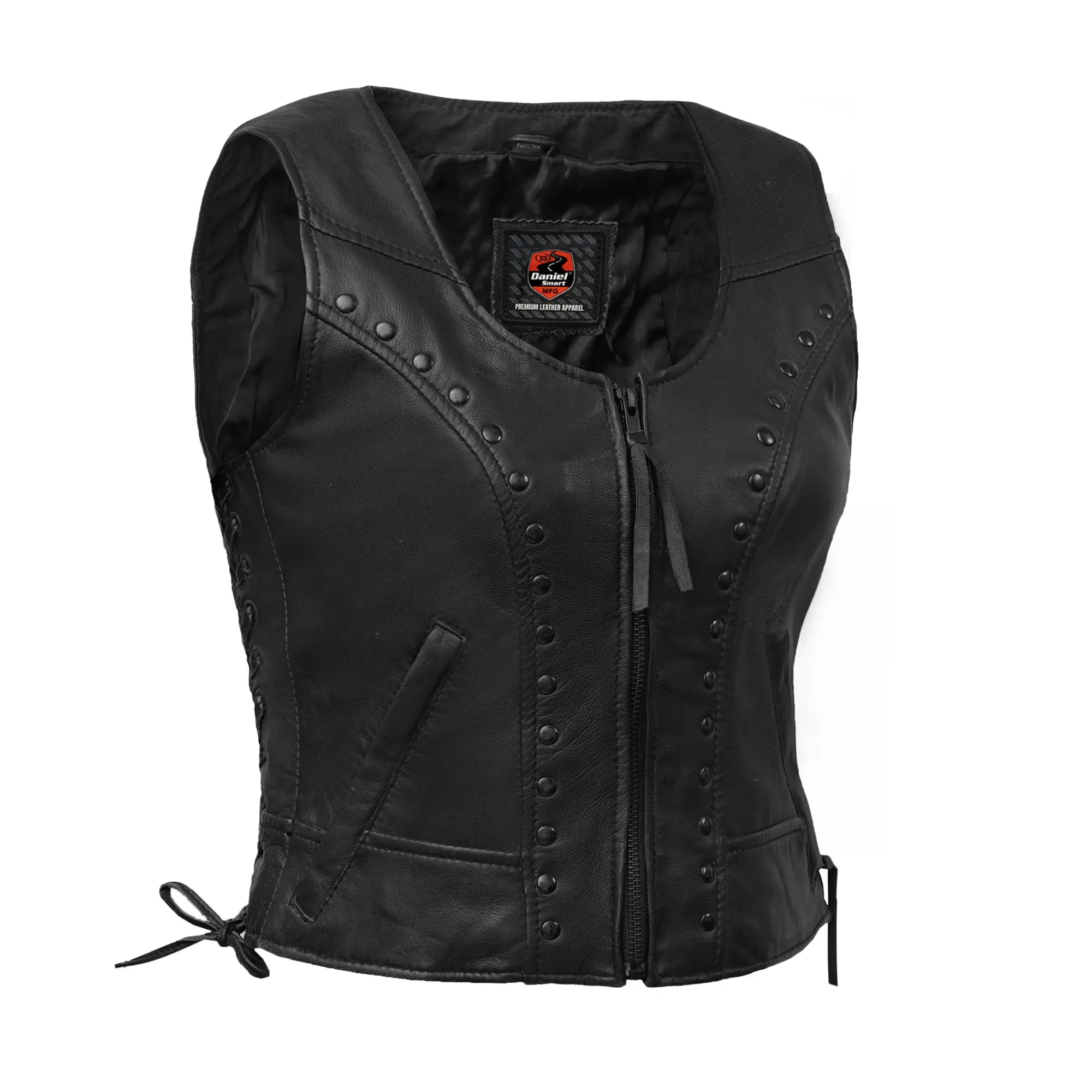 DANIEL SMART Pitter™ Women's Leather Motorcycle Vest, Ultra-Soft 0.8-1.0mm Drum-Dyed Naked Lambskin Bike Style Vest, Black, XS-5XL, with Side Lacing & Zippered Pockets, Bike Style Vests