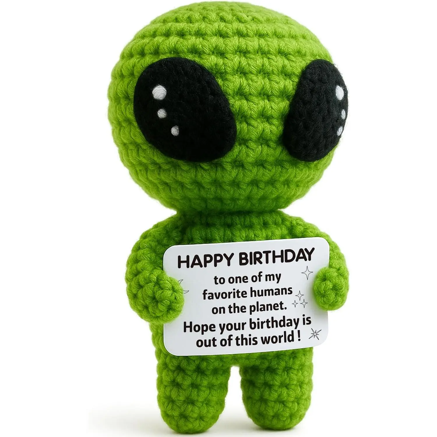 Funny Birthday Gifts for Man or Woman - Handmade Crochet Alien Plush with Inspirational Birthday Message - Small Bday Stuff for Friends, Teens, Coworkers, Sci-Fi Lovers - Party Favor
