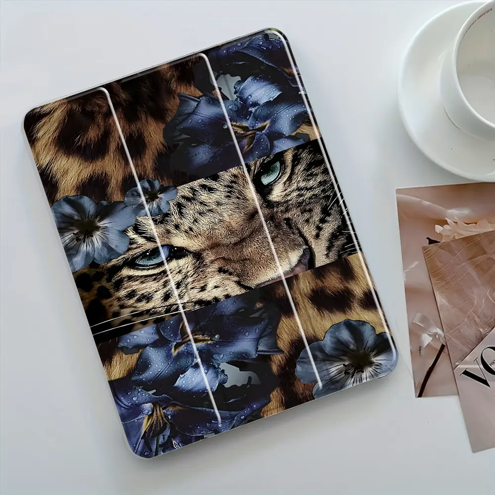 Leopard Blue Flower Design Three-Tier Stand iPad Case, Durable Tablet Casing, Transparent Acrylic Hard Back, Pencil Slot & Charger Port, Fits iPad 7.9/10.2/10.5/10.9/11/12.9 inch, Shock-resistant Protective Case Suitable for Offices Schools Homes