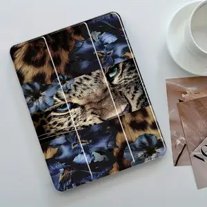 Leopard Blue Flower Design Three-Tier Stand iPad Case, Tablet Casing, Transparent Acrylic Hard Back,Pencil Slot & Charger Port,Fits iPad 7.9/8.3/10.2/10.5/10.9/11/12.9 13 inch,Shock-resistant Full Cover Protective Case Suitable for Offices Schools Homes