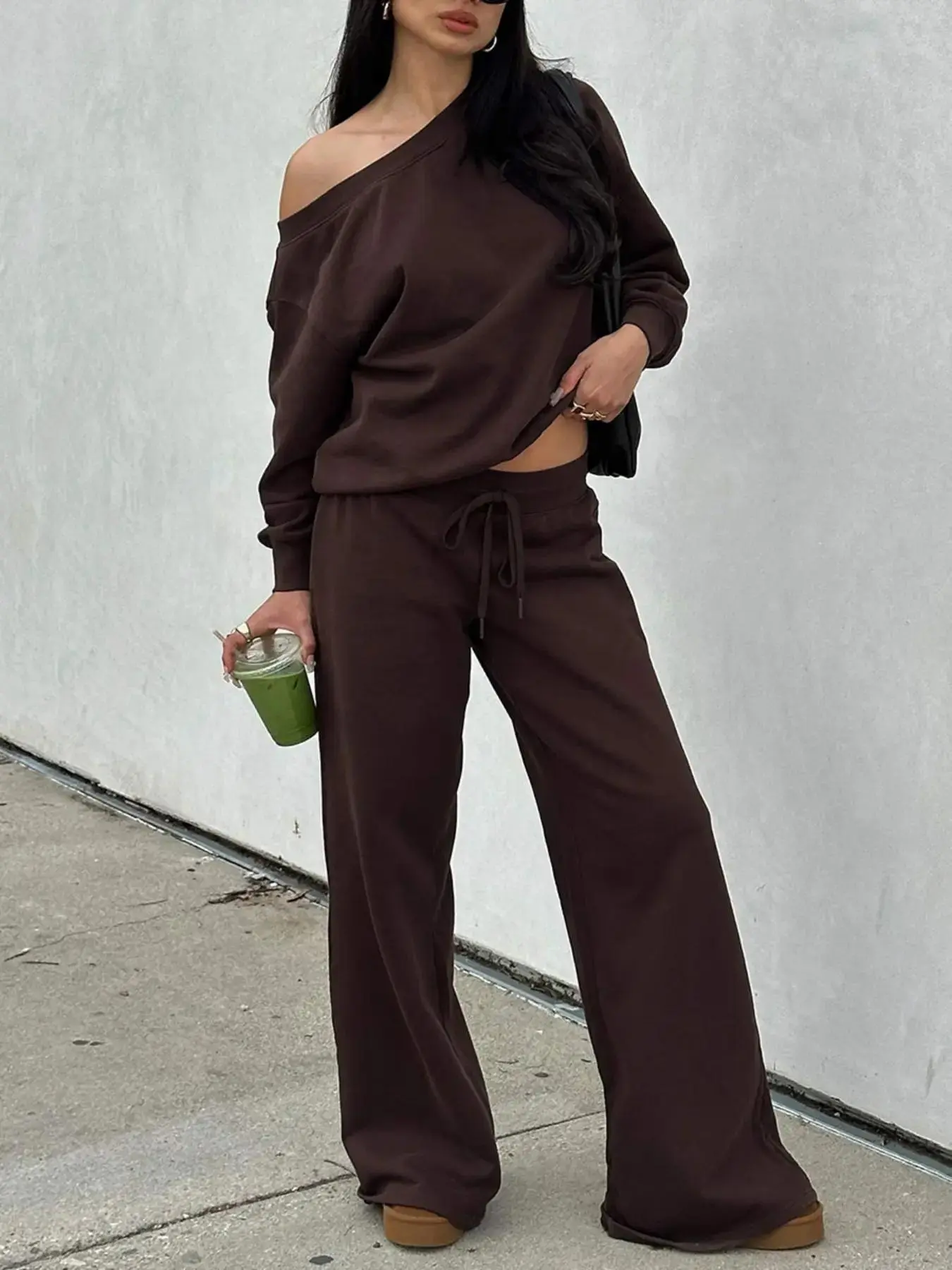 Women's Off Shoulder Long Sleeve Jumper & Pants Set, 2 Piece Casual Fall Sweatsuit Outfit, Basic Everyday Style, Coordinated Look, Effortless Pairing, Cozy Sophistication, versatile piece