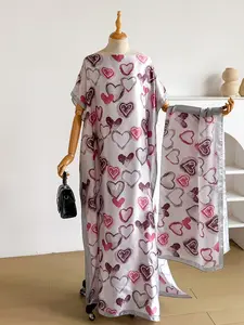 Women's Sexy Heart Print Fashion Robe Set, Long Sleeve Wrap Dress + Head Scarf Hairband, Beach Sun Protection Satin Shawl