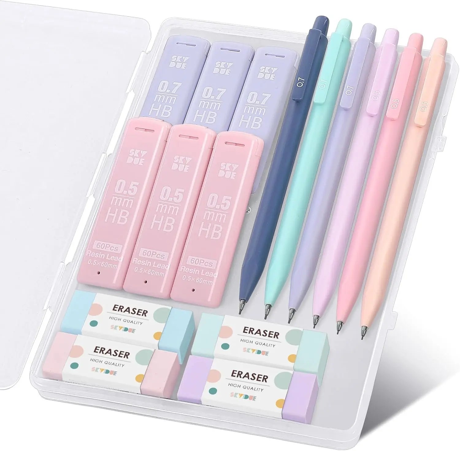 SKYDUE Cute Mechanical Pencils Set (0.5mm & 0.7mm) with 360 Lead Refills, 4 Pastel Erasers – Back to School Shopping Essential, Cute School Supplies for Writing, Drawing
