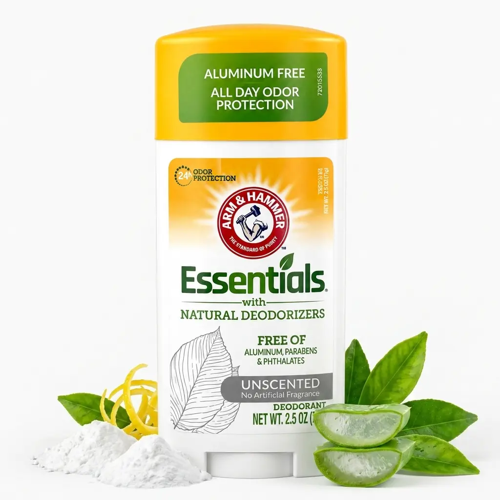 Arm & Hammer Essentials Unscented Aluminum-Free Deodorant Stick (2.5 oz) - 24-Hour Odor Protection, Natural Deodorizer for Sensitive Skin (Paraben and Phthalate Free)