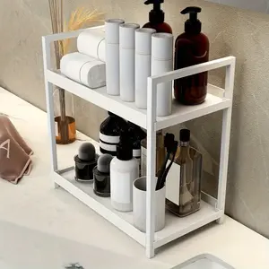 White Iron Double Tier Wall Mounted Bathroom Organizer No Drilling Adhesive Screw Installation Storage Rack for Sink Shower Office Toiletries Bottles Bathroom Organization