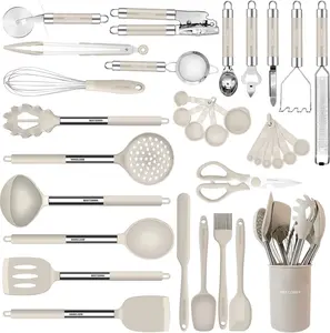 33PCS Silicone Kitchen Utensils Set with Holder | Non-Stick Cooking Utensils Set Heat Resistant Spatula & Cooking Tools with Stainless Steel Handle (Khaki)