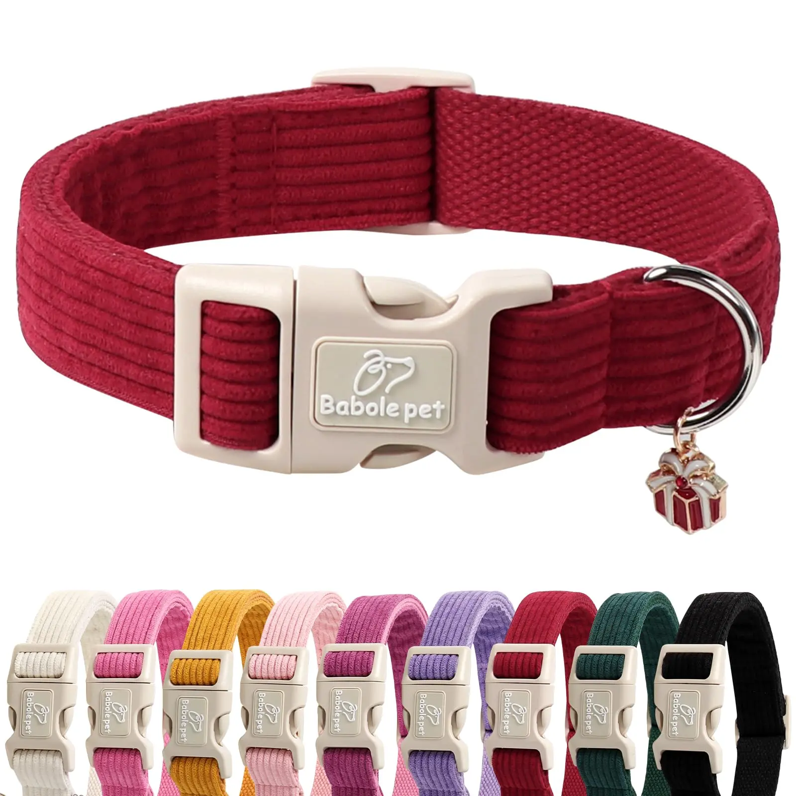 Babole Burgundy Cotton Corduroy Dog Collar - Adjustable, Fade-Proof, Chew-Resistant, Durable Quick-Snap Buckle, Charming Pendant, D-Ring, Ideal for X-Small to All-Size Dogs, Casual Daytime Walks, Christmas Gift backtoschool