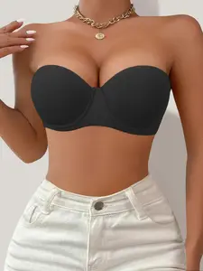 Women's Solid Color Push Up Bra, Fashion Comfortable Breathable Strapless Bra, Women's Lingerie for All Seasons, Strapless Bandeau
