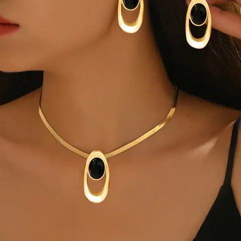3 Pcs Geometric Necklace and Earrings Set, Necklaces Earrings Set, Metal Oval Golden Pendant Necklace with Black Acrylic Color-Block Design, Versatile for Daily, Festivals and Parties, Fashion Jewelry Set