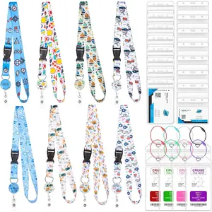 8 Pack Cruise Lanyards Set for Ship Cards, with Retractable Badge Reel Waterproof Luggage Tag Holders Id Card Holders, Sea-Themes Pattern for All Cruises Ticket Key Cards Luggage Tag