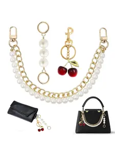 3-Piece Set 47 Cherry Link Imitation Pearl Bead Purse Chain, Bag Charm Pearl & Cherry, Replacement Extension Chain for Women Keychain Jewelry