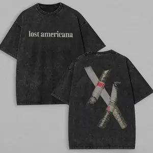 Unisex Loose‑fit Black Washed Lost Americana Graphic T‑Shirt, Vintage Distressed Short‑Sleeve Crew Neck Cotton Top with Cross‑Printed Lost Americana Lettering, Casual Streetwear for Daily Wear Ideal for Fans of Grunge, Dark and Indie Styles