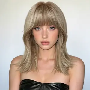 Faith -DWY Wigs New Technology Bionic Silk Top Long Wave Brown  Blonde Glueless Synthetic Wig with Bangs for Women  14 Inch