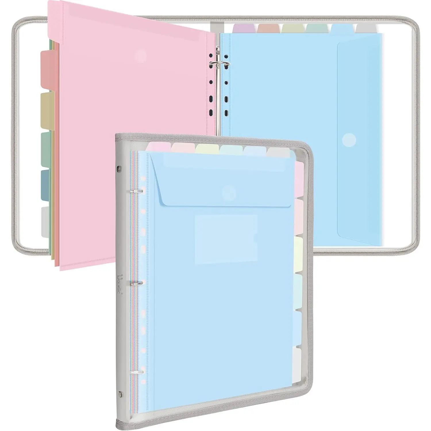 Document Organizer, Soft PVC Binder with 12 Colorful Pockets - Zipper Binder 3 Ring with Dividers Letter Size (11'' x 8.5'')-Large Capacity Cute Folder for School, Office &  Use (Grey)