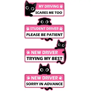 4Pcs Black & Pink Cat Paw Print Magnets Funny New Driver Magnet for Car Please Be Patient Safety Warning Signs for Student Driver Moderate Size Long Service Life