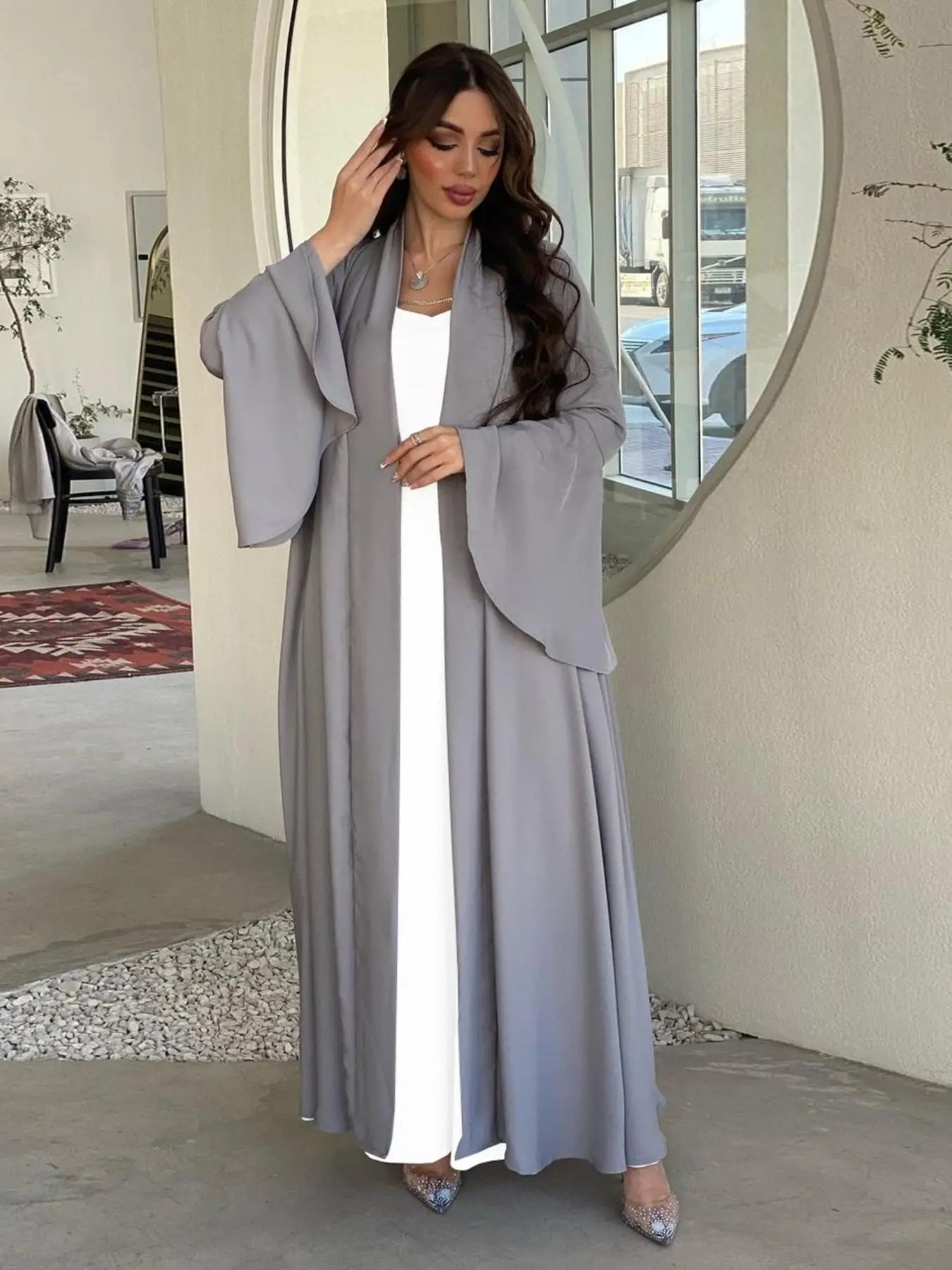 Women's Solid Flounce Sleeve Open Front Abaya, Modest Long Sleeve Arabic Robe, Modest Eid Clothes for Daily Wear