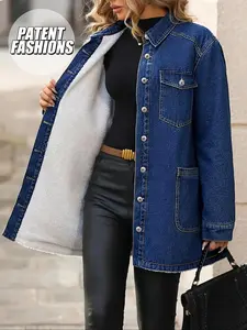 Women's Fall Winter Casual Fashion Jacket, Elegant Button Solid Color Stand Collar Thickened Warm Fitted Denim Coat, Multi-Functional Outerwear, Sleeve