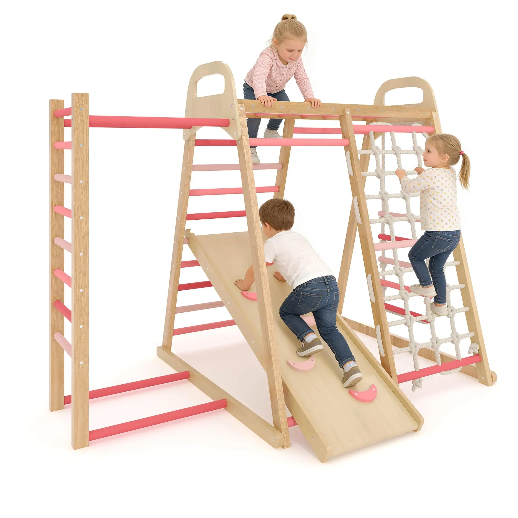 7-in-1 Wooden Indoor Jungle Gym for Toddlers – Multi-Activity Climbing Playset with Slide, Swing, Sensory Integration – Durable Indoor Playframe, Colorful Design