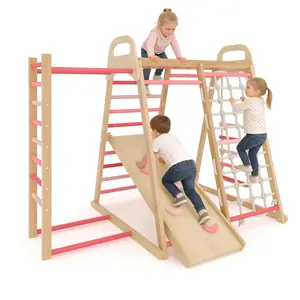 7-in-1 Wooden Indoor Jungle Gym for Toddlers – Multi-Activity Climbing Playset with Slide, Swing, Sensory Integration – Sturdy Indoor Playground Frame, Colorful Design