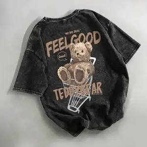 Washed Cotton Oversized Black Cartoon Bear Short Sleeve T-Shirt For Women and Men, Loose Slim Design Vintage Style Tops Tshirt