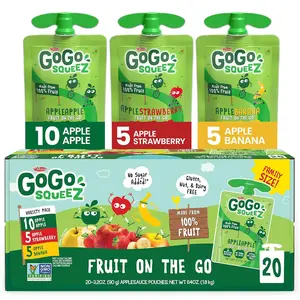 GoGo squeeZ fruit variety pack, apple, banana & strawberry, 3.2 oz (20 pouches), unsweetened, gluten-free, nut & dairy-freeCandy Bonbon Snack Sugar