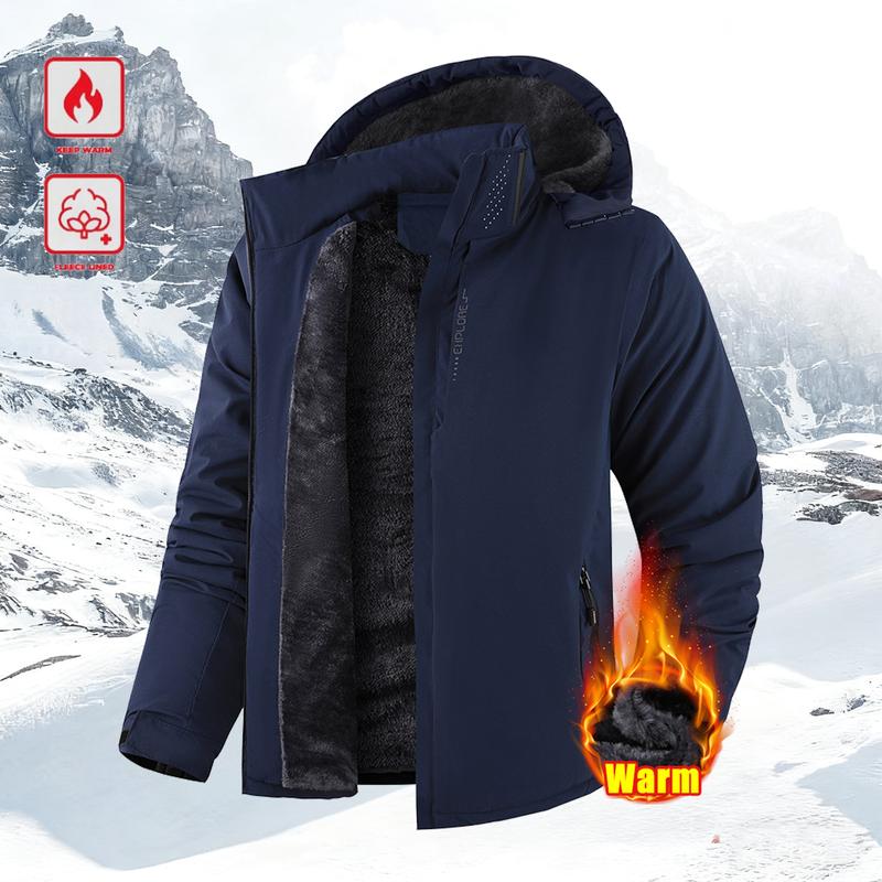 Men's Winter Outdoor Waterproof Windproof Fleece Lined Hooded Jacket - Thick Warm Coat; Features an Adjustable Drawstring Hood & Full Zip Front Closure; Perfect for Various Activities Such as Hiking, Jogging, Fishing, or Just Casual Wear; A Must-Have Vers