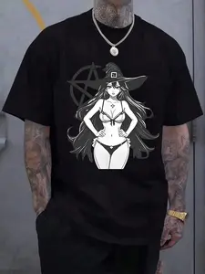 Anime Witch Pentagram Darkcore Graphic T-Shirt, Black Oversized Goth Streetwear Top, Monochrome Witch Girl Occult Tee for Men Women, Alt Aesthetic & Grunge Casual Apparel