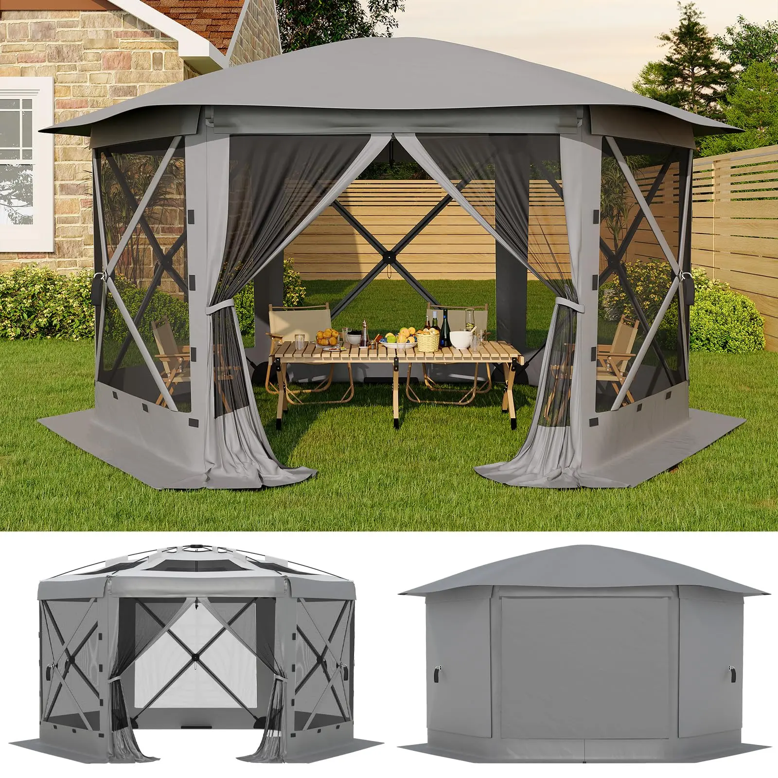 6-Sided One Push Quick Setup Canopy Tent, Removable Top with Wind Panel & Mosquito Net, Portable Outdoor Shelter for Camping Party Yard Use