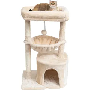 Small cat climbing frame, suitable for indoor cats and kittens, equipped with scratching posts and cat platforms, modern style activity tower with cradle, beige color