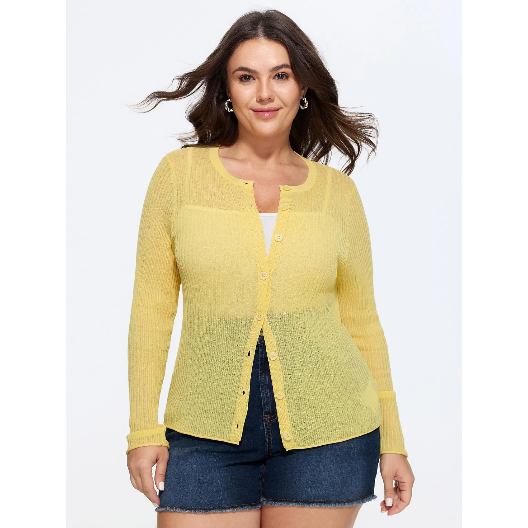 BLOOMCHIC Plus Size Breathable Sheer Fitted Knit Cardigan [M-6X] 2026 Spotlight, Summerwins,Deals For You Days,Summerfinds