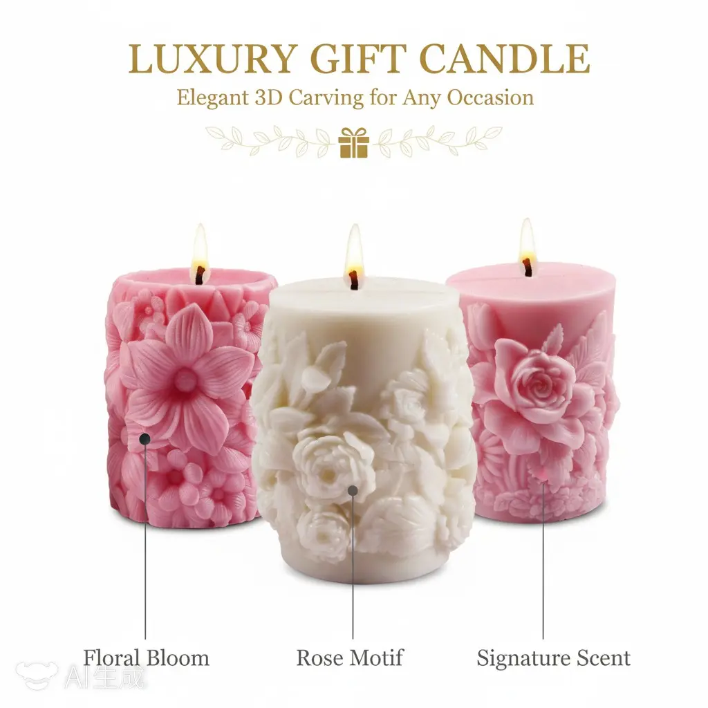 Romantic Carved Candle with Delicate Floral Relief, Sweet Atmosphere for Weddings, Love Colors, 3D Flower Design, Romantic Candle Gift, Decorative Candle, Scented Candles