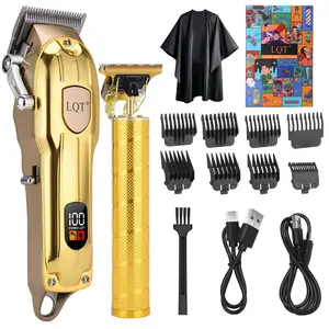 LQT 2Pcs Gold Professional Cordless Hair Clipper Set - LED Display Clipper, 0-Gapped T-Blade Trimmer, Rechargeable Barber Kit with 8 Guide Combs, Haircut Cape & Gift Box, for Barbers & Home DIY Use