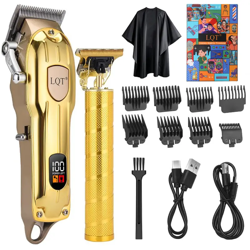 LQT 2Pcs Gold Cordless Hair Clipper Set - LED Display, 0-Gapped T-Blade Trimmer for men, Rechargeable Barber Kit with 8 Guide Combs, Haircut Cape & Gift Box, for Barbers & Home DIY Use Hair Cutting Kits Multifunctional Clippers