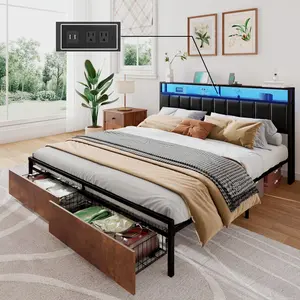AMERLIFE Bed Frame with 2 Storage Drawers, 2-Tier Storage PU Headboard with Charging Station& LED Lights, No Box Spring Needed/Unique Bedroom Furniture