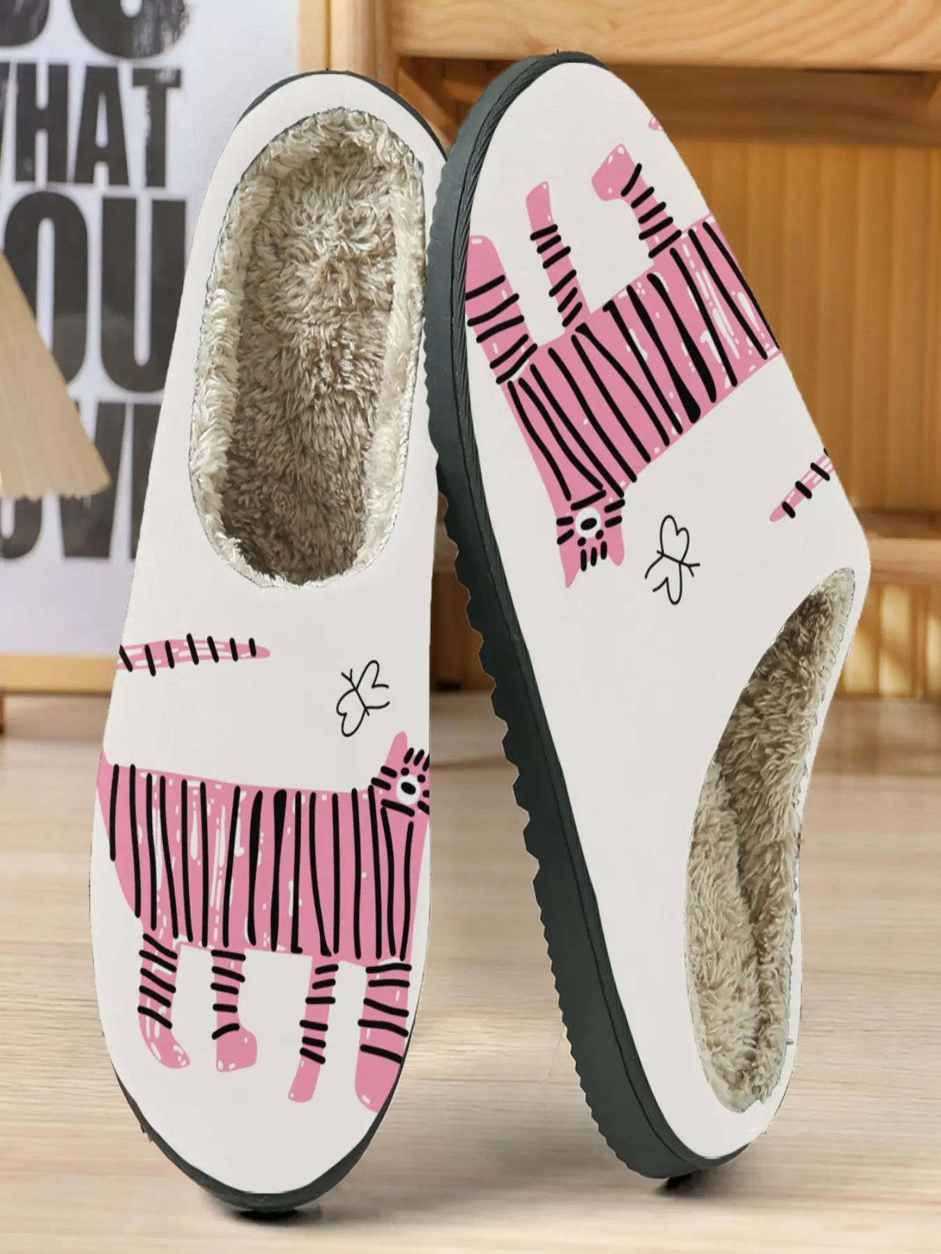 Zebra Cotton Slippers, Background Hand-Drawn Zebra Illustration, Plush Lining Warm, Casual Home Wear for Kids