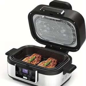 Xbeauty 5-IN-1 Indoor Electric Grill, Nonstick Smokeless Indoor Grill with Grill, Air Fry, Dehydrate, Bake & Roast, 5QT Smart Air Fryer Grill Combo, Dishwasher Safe, 1450W, Black