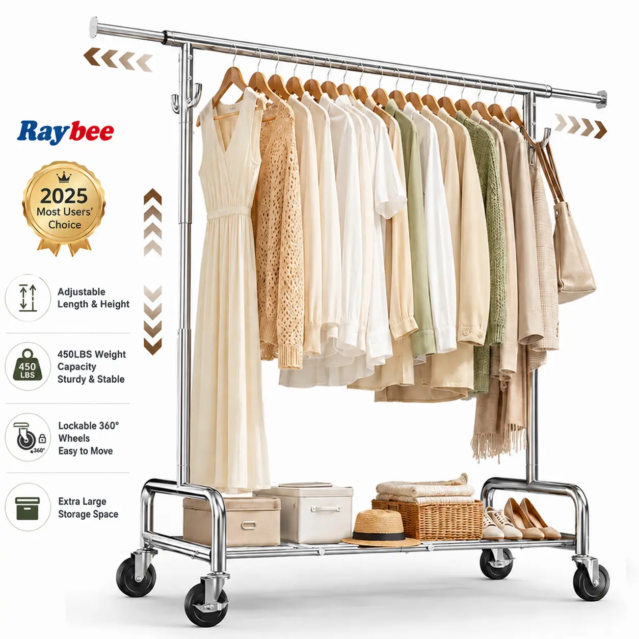 Raybee Heavy Duty Clothes Rack | 450LBS Max Load, Lockable Wheels,75" Extendable Height & Length Garment Rack for Bedroom, Laundry Room, Commercial