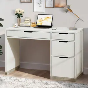 White Desk With Drawers, Modern Computer Desk With File  Drawers, Home Office Study Writing Desk With Storage, White/Brown/Walnut