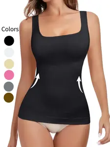 Women's Solid Seamless Striped Tummy Control Shapewear Vest, Square Neck Compression Top, Slimming Body Shaper Tank Top, Ladies Shapewear, Basic