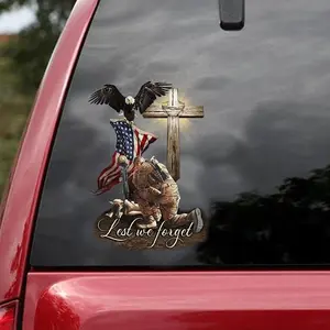 Veteran American Flag with Eagle and Jesus Cross Lost We Forget Car Window Decals, Meaningful Gift for American Veterans, Transparent Car Vinyl Decal Sticker for Car Windows