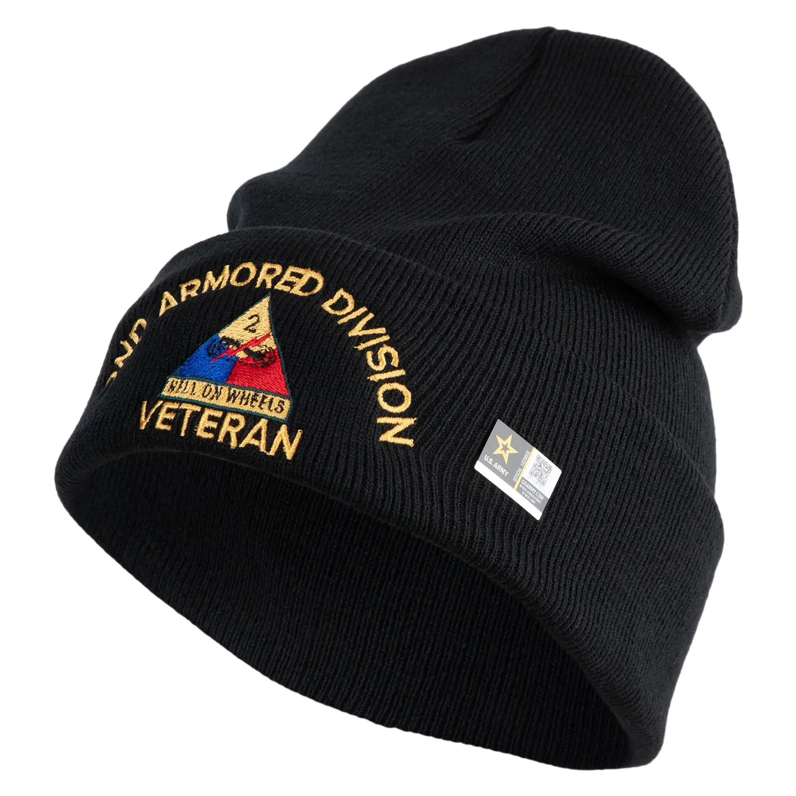 US Army 2nd Armored Division Logo Embroidered 12 Inch Solid Cuff Beanie