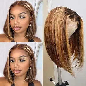 Highlight Bob Wig Human Hair 10 Inch Wear and Go Glueless 4/27 Highlight Bob Lace Closure Wigs for Women 180 Density 6x4 Straight Lace Closure Wig 8-16 Inch Brazilian Hair No Tangle No Shedding