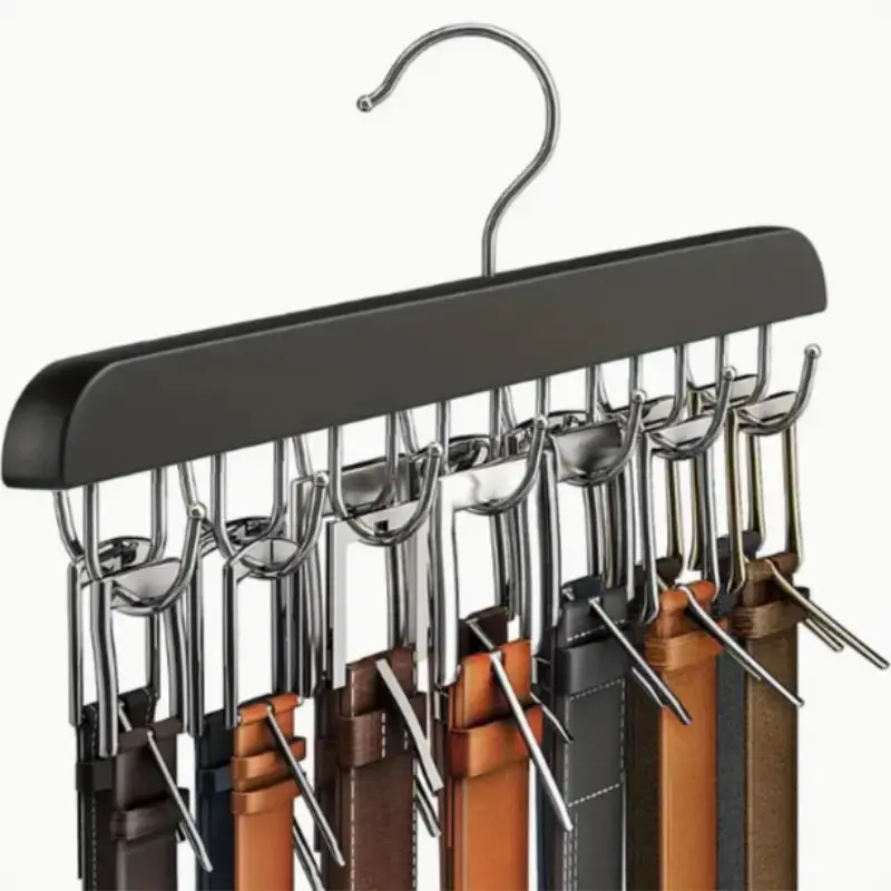 Wooden Belt Hanger, 1 Count Space Saving Storage Hanger with 14 Hooks, Multifunctional Clothes Hanger for Tie, Belt, Scarf, Home Organizer, Hanging, Wood Hangers, Space Saver Hangers