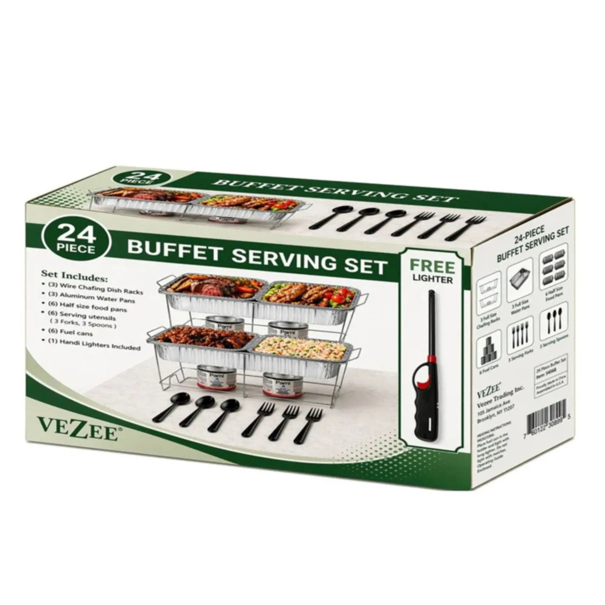 VeZee All-in-1 24-Piece Chafing Dish Buffet Serving Set - Wire Racks, Fuel Cans, Serving Utensils, Lighter, Disposable Aluminum Pans for Buffet Setup, Event Hosts, Catering