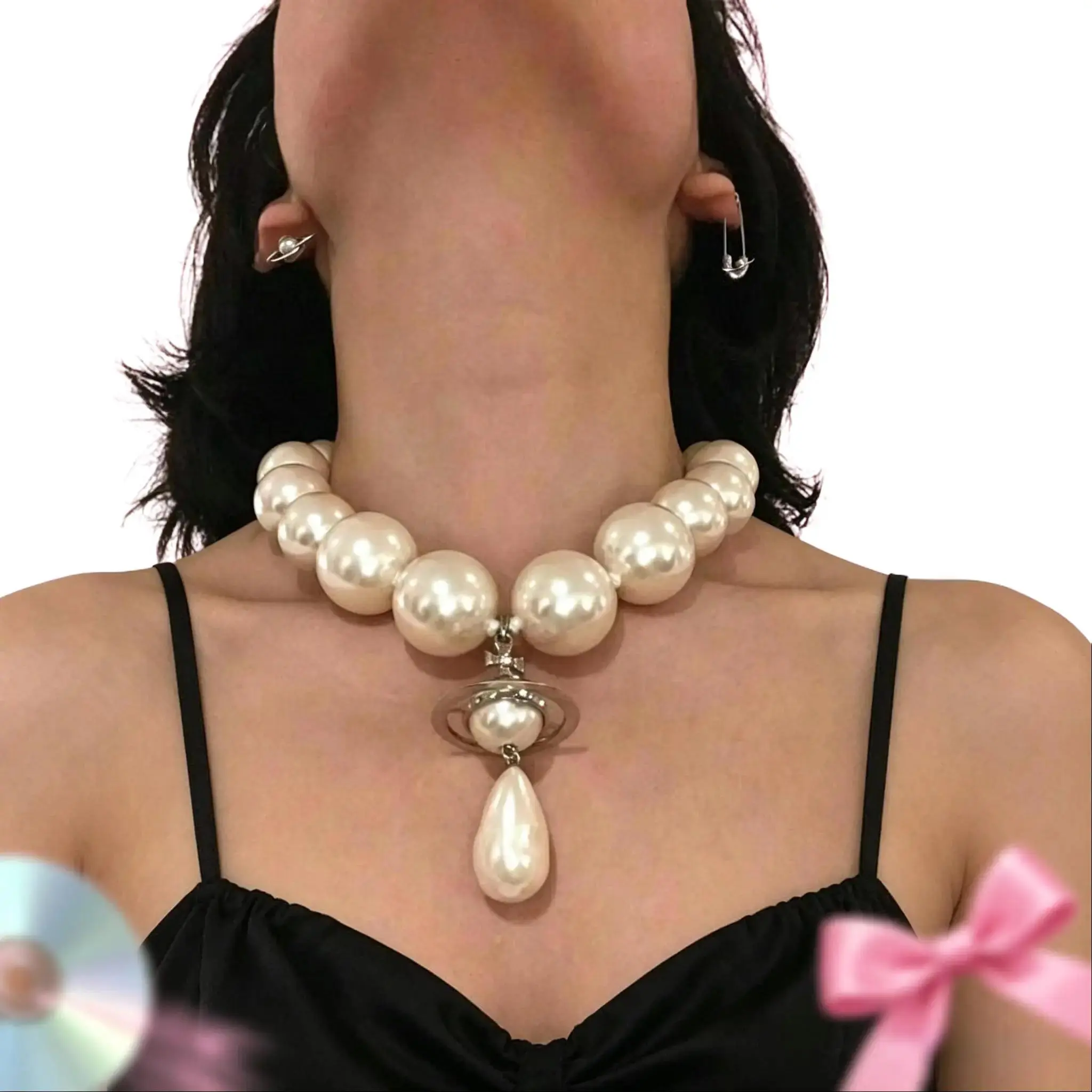【For U Gifts】2026 NEW Large Pearl Water Drop Pendant  Vintage Baroque Exaggerated Personality Planet Saturn Choker  minimalist jewelry gift wave necklace wrap  necklace Y2K Big Pearl Saturn Choker - Dainty Vintage Pendant Necklace