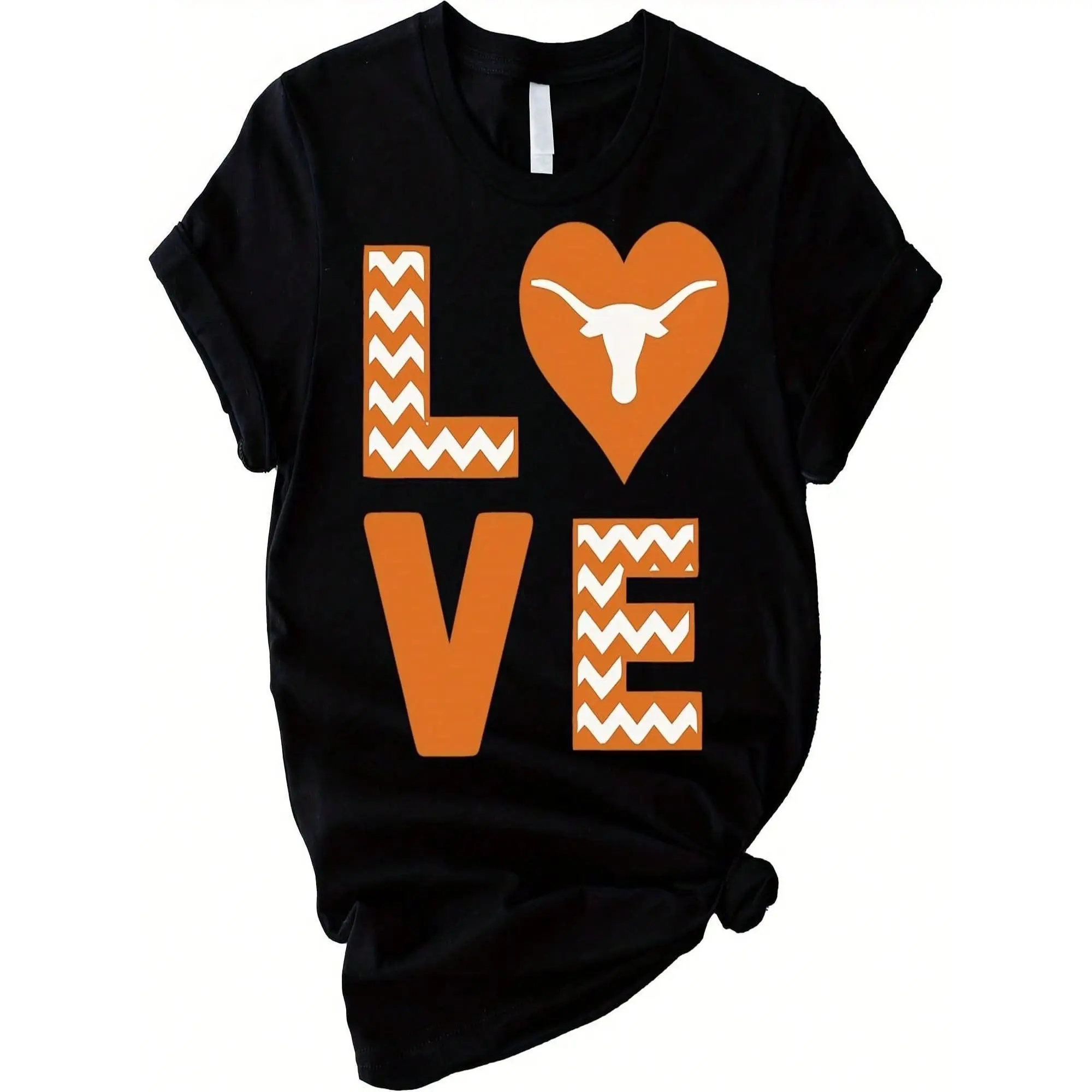 Women's Graphic T-shirt with Bold LOVE Design, Casual Retro Western Cowboy Style, Crew Neck Short Sleeve Basics for Texas Lovers, Tshirt, Thanksgiving, Fitted, Heart, Round Neck, Tee