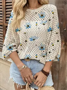 Spring and Summer collection, Lightweight casual top, round-neck open-front loose batwing shoulder sleeve pullover, contrast blue floral print women's knit top, beachy style, casual for work pullover, Casual Knitting Top, Casual Pullover Tops