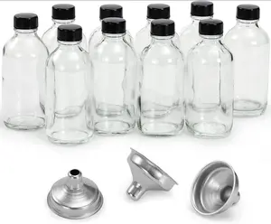 10 Pack, 4 oz Small Clear Glass Bottles w/Lids & 3 Stainless Steel Funnel - 120ml Boston Round Sample Bottle for Potion, Juice, Ginger Shot, Wellness, Oils, Whiskey, Liquids - Leakproof Travel Bottle